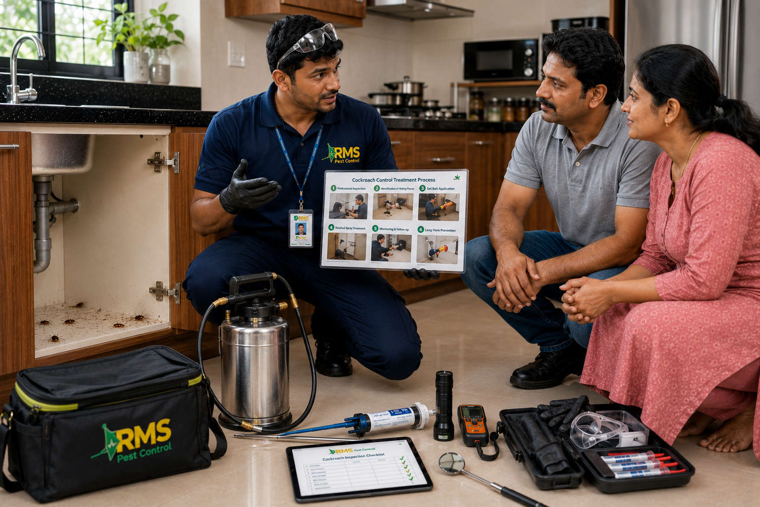 Professional cockroach inspection and treatment by RMS Pest Control technician