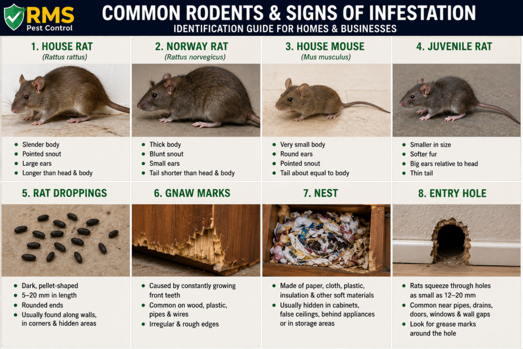 Common signs of rodent infestation including droppings and gnaw marks