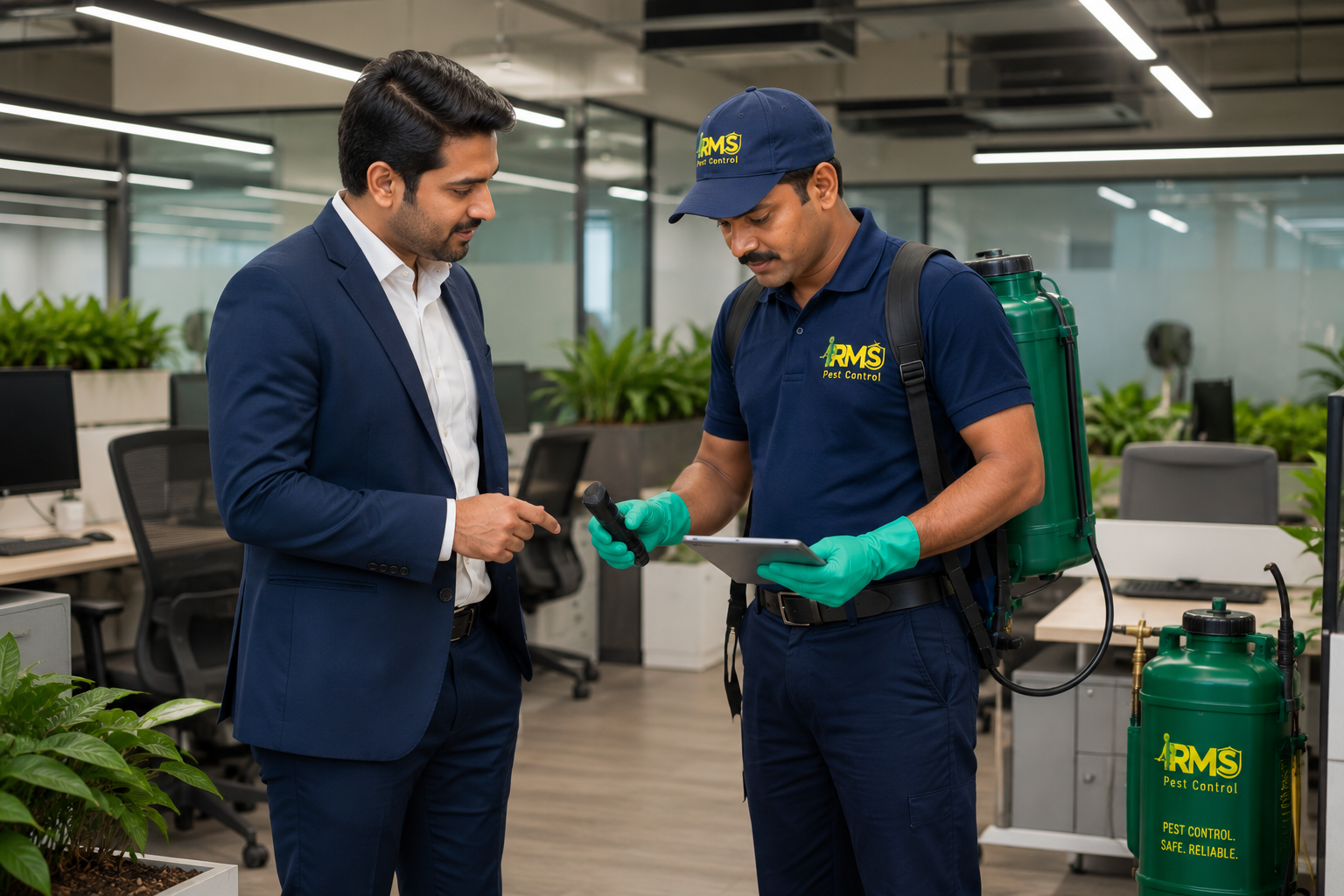 Technician explaining about RMS Pest Control Chennai