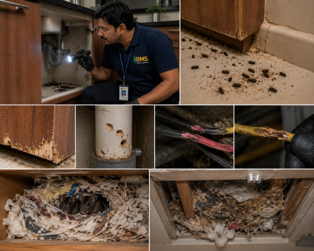 Common signs of rodent infestation including droppings and gnaw marks in the kitchen