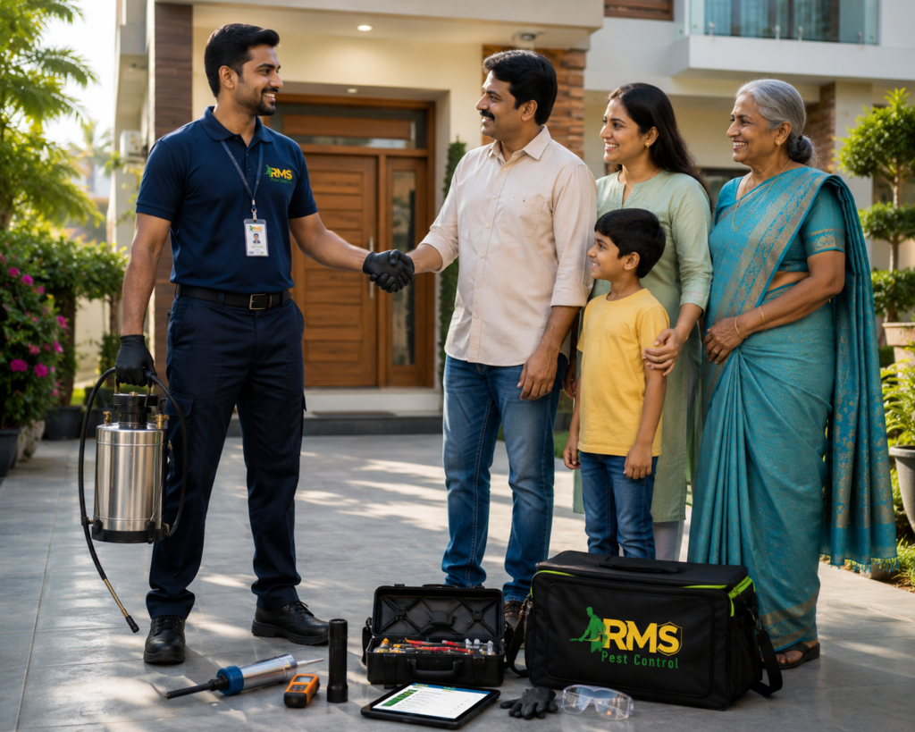 RMS Pest Control technician explaining cockroach treatment to a customer in Chennai